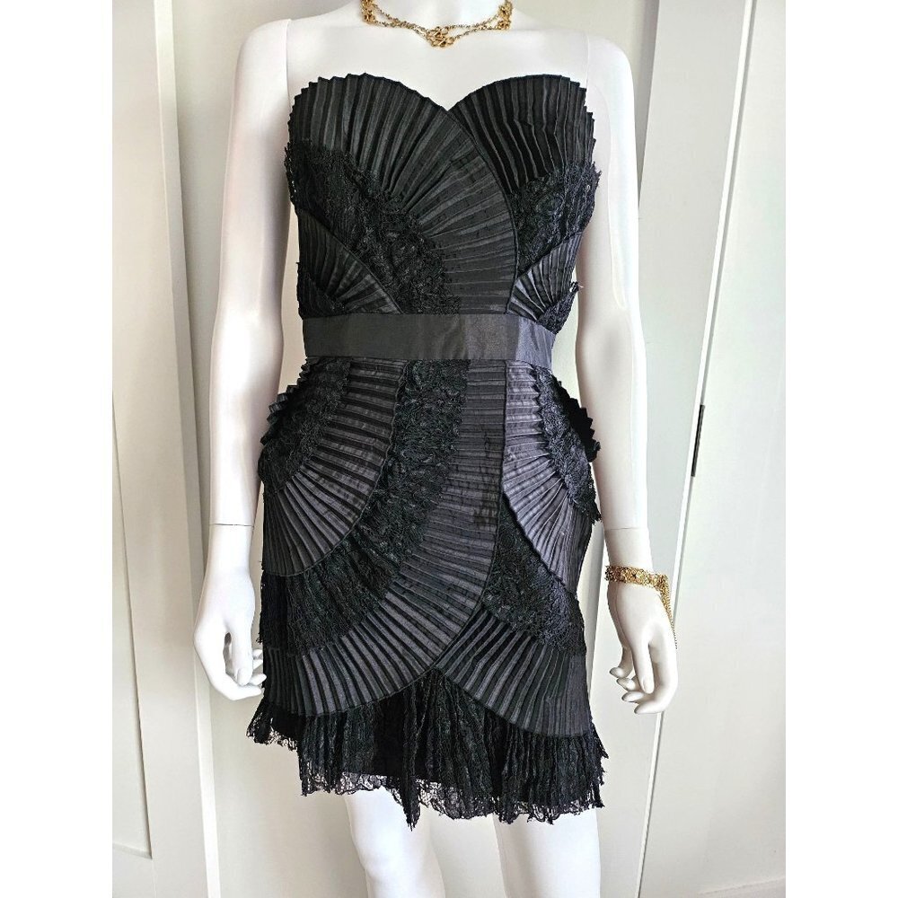 Laundry by Shelli Segal Strapless Ruched Pleated Short Black Dress, Size 4